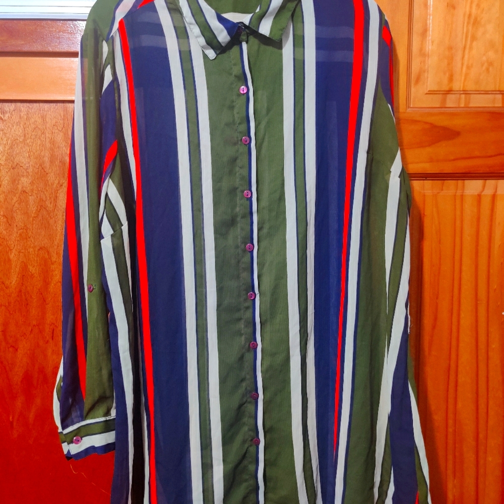 Stripe sheer button up dress comes with belt